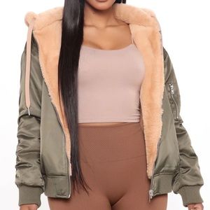 Fashion Nova Olive It’s Cold Out Reversible Fur Lining Bomber Jacket Small